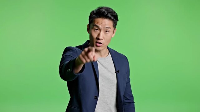 A man in a blue blazer points accusingly with a shocked expression on a green background.