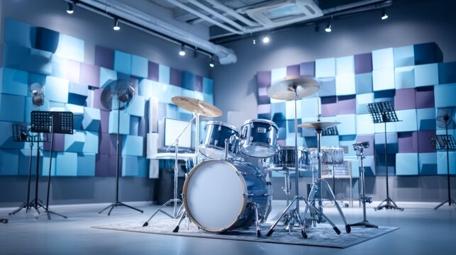 Spacious music rehearsal room with central drum set and acoustic panels