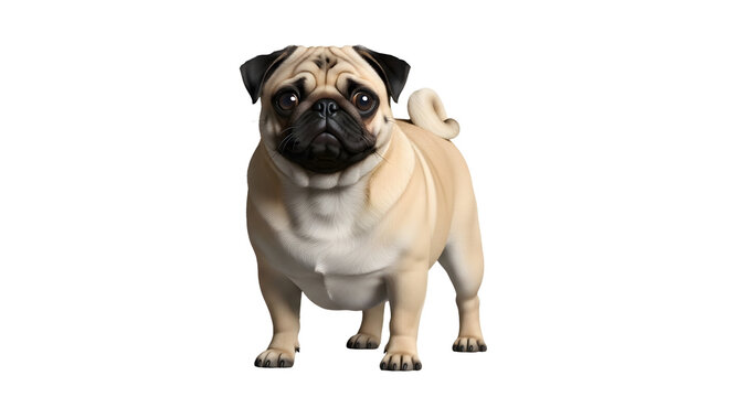 Cute pug dog standing facing camera portrait.