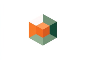 Obraz premium Abstract geometric cube logo with three-dimensional effect in orange and green colors, modern design symbol for business, technology and creative branding concept.