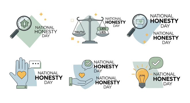 A set of six National Honesty Day vector designs featuring scales, magnifying glasses, and hands holding hearts, presented in a clean, minimalist style with pastel colors that create