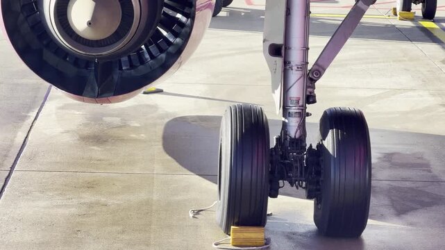 Airplane landing gear and engine close up