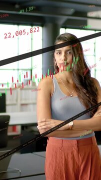 Vertical video: Office pro crossing arms, camera pulling back, chart sweeping over her showing APY