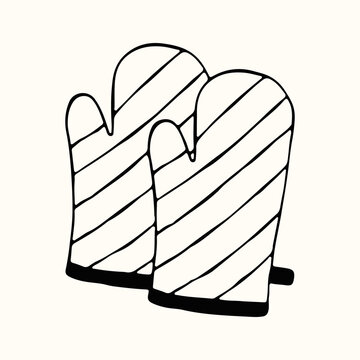 A pair of striped oven mitts is shown in a simple hand drawn doodle style. These protective kitchen gloves are ideal for culinary blog illustrations, bakery menus, and home cooking graphics