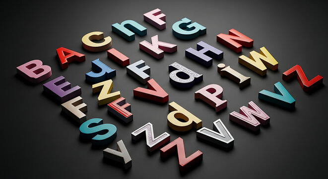 Colorful letters arranged in a circular pattern on a dark surface