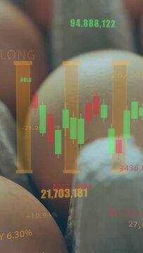 Vertical video: Camera shifting past torn carton tip, eggs moving, chart scrolling, showing markets