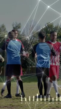 Vertical video: Soccer players converging and forming wall in goal, HUD graphics analyzing marking