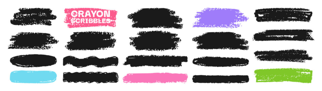 Crayon chalk background set hand drawn strokes, scribbles spots. Rough pencil brush textures and abstract shapes. Grunge edges, playful children sketch style dynamic drawn box banner for text