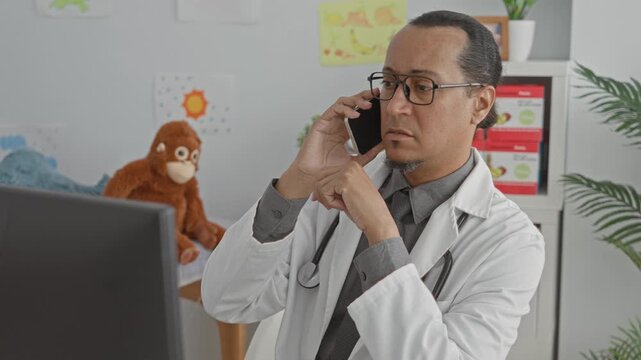 Man doctor with stethoscope holding smartphone to ear and pointing finger at computer screen in building; urgent teleconsultation concern.
