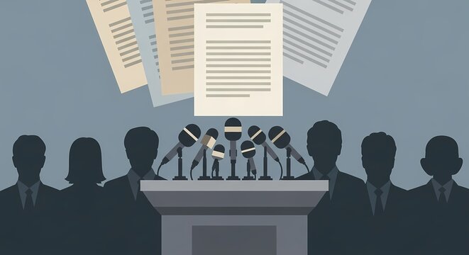 Man speaking in front of multiple microphones and camera flashes, concept of press conference, public statement, and media attention.