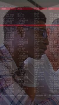 Vertical video: Lead dev leaning, gesturing, peer watching security overlay appearing with red scan