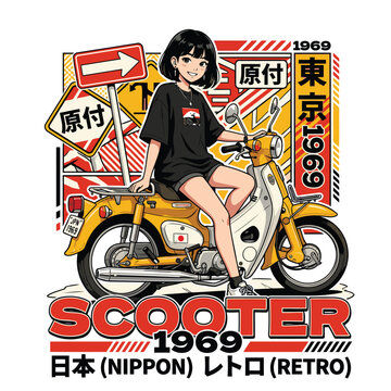 anime girls and yellow scooter