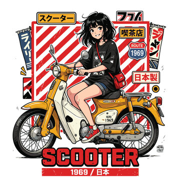 anime girls and yellow scooter