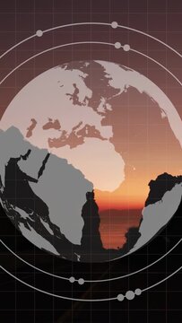 Vertical video: On play, globe clearing and spinning, showing sun through land gaps, rings orbiting