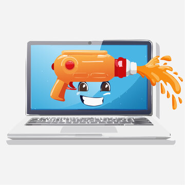 Laptop with a water gun shooting liquid, cartoon style
