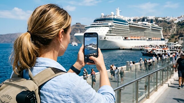 Capturing Paradise: A woman embraces travel with a camera, immortalizing a scenic moment featuring a majestic cruise ship docked in a serene harbor, bathed in the warmth of sunlight.