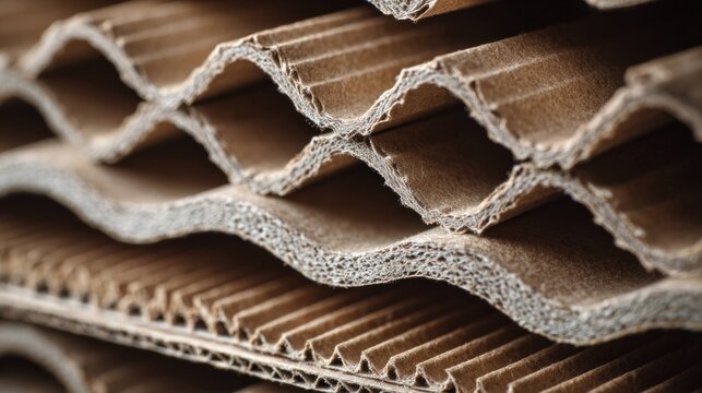 Close up of corrugated cardboard layers with wavy texture showing the structure and material details for packaging and shipping purposes in industry and logistics.