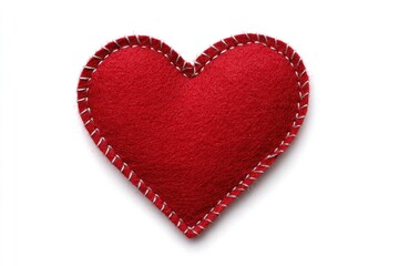 Fototapeta premium Red heart shape made of fabric with white stitching on white background for love, romance, decoration and handmade craft concept.