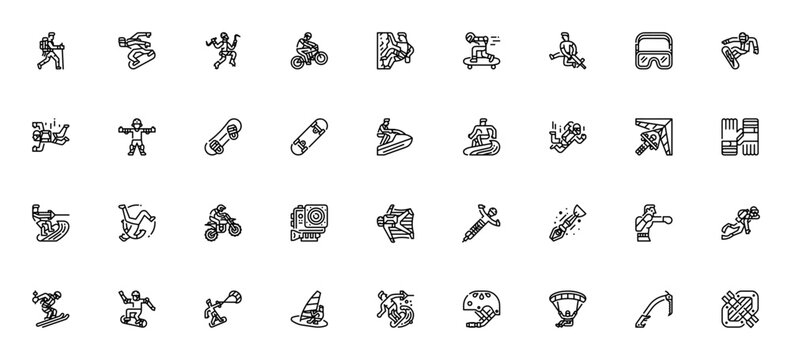 Extreme Sport icon set. Vector illustration pack. Includes hiking, surfing, climbing, bmx, snowboarding, skydiving, rafting and more. Editable stroke.