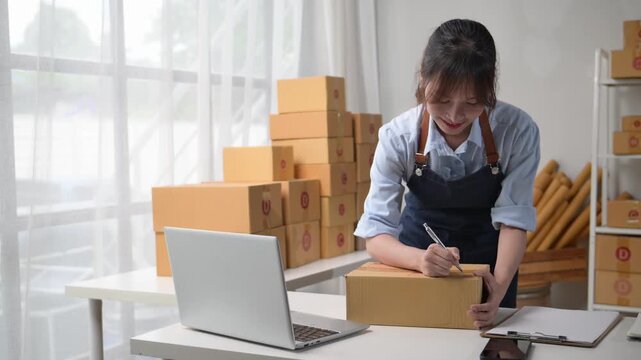 Asian woman entrepreneur managing cardboard boxes in warehouse