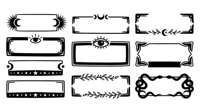 Set of hand drawn minimalist mystical tarot blank banner frames. Features boho celestial sun, moon phases, magic eye, serpent, stars, and leaves