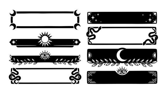 Set of witchy black banner templates and empty text box borders. Featuring boho celestial sun, magic moon, snake, mystic eye, and plant leaves