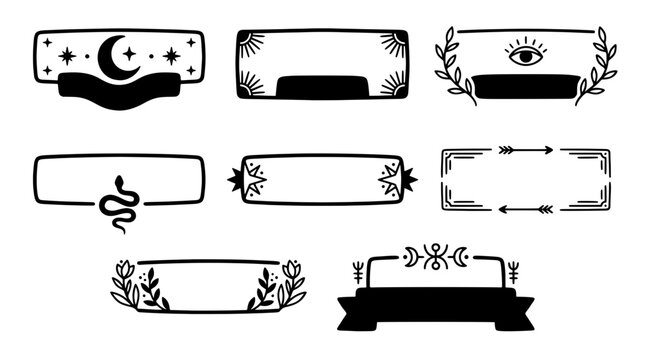 Set of hand drawn blank mystical banner frames and doodle text boxes. Features boho celestial moon, snake, magic eye, arrows, ribbons and leaves
