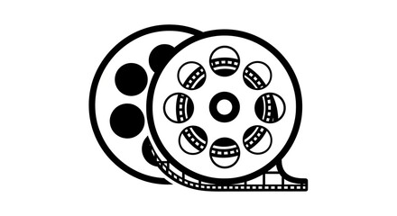 Fototapeta premium Retro film reels vector icon. Black and white graphic symbol representing cinema, movie production, video, entertainment, and media.
