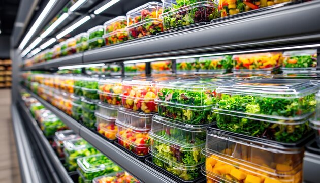 Shelves in supermarket display variety of fresh, pre-packaged salads and cut fruits in clear plastic containers. High quality photo