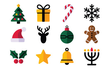 Fototapeta premium Christmas and hanukkah icons set including tree gift candy cane snowflake hat reindeer ornament gingerbread man holly star bell menorah