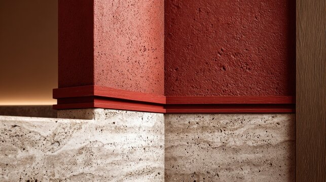 A textured corner featuring red brick and beige stone materials with a terracotta hue and rough surface details