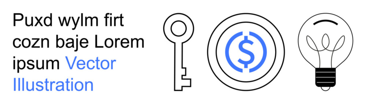 Business strategy, innovation, financial security, monetary concepts, creative solutions, knowledge tools. Minimalist icons of a key, dollar symbol and light bulb. Finance and innovation concept