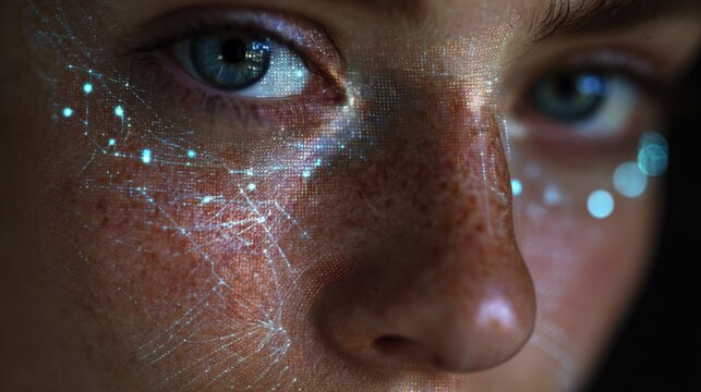 A woman's face with biometric scan lines emphasizing her eye and skin details