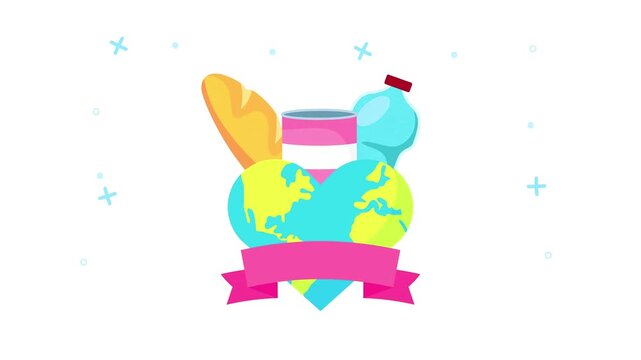 Donation food heart with earth globe and pink ribbon on a clean white background.