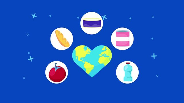 Donation food icons appearing around a heart shaped earth globe on a blue background.