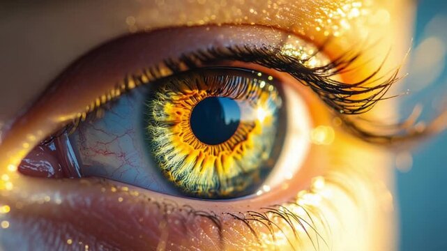 Close-up of a vibrant human eye with sparkling golden glitter