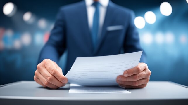 Professional Speaker Reviewing Notes at Podium Before Giving Speech