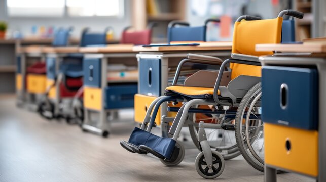 Classroom with Adjustable Height Desks for Students with Wheelchairs and Disabilities