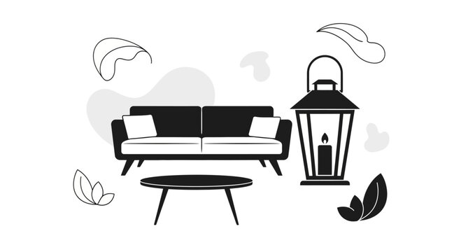 Black and white couch with coffee table.