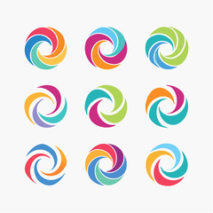 Obraz premium Seamless set of colorful abstract symbols and spiral vector shapes featuring a bright rainbow swirl pattern for modern business logo design and artistic wallpaper decoration