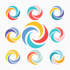 Fototapeta premium A vibrant vector illustration features a set of colorful abstract shapes and symbols with a rainbow swirl design and spiral wave patterns for a modern logo concept