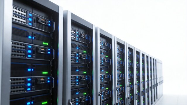 Row of Data Center Server Racks on White Background