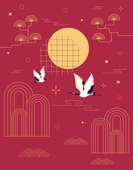 Fototapeta premium Flying cranes with sun on red. Vector illustration