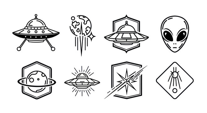 Alien Icons Set: UFO, Spaceship, Alien Head, Planet, Starburst