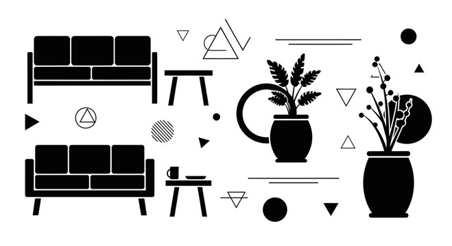 Black silhouette furniture and plant icons.
