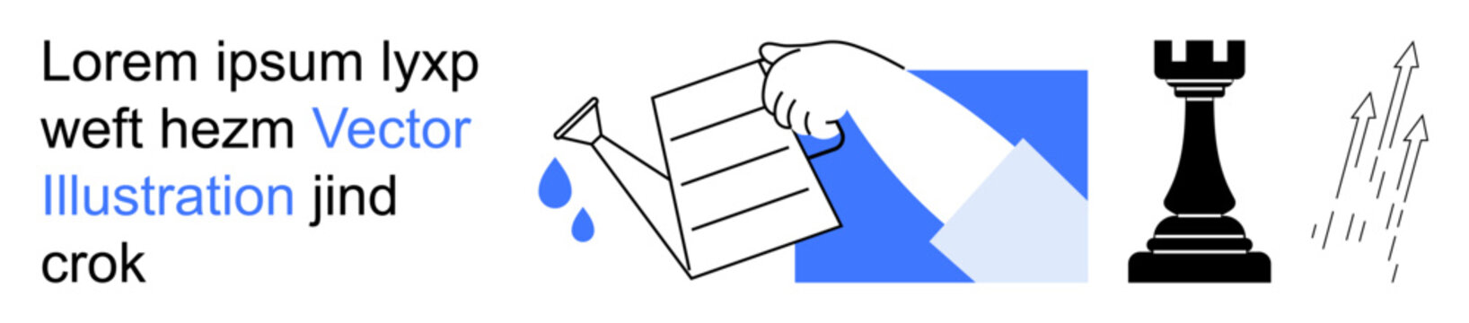 Business strategy, planning, growth, leadership, competition, decision making. Chess rook and arrows signify strategy, while watering a checklist s planning and growth. Business strategy and planning
