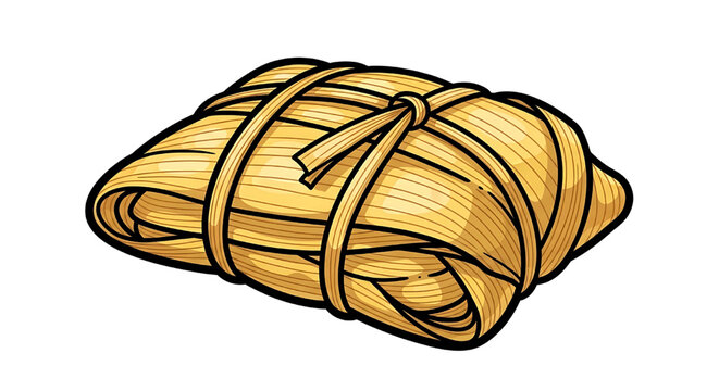 Cartoon-style pamonha, made with cooked green corn and wrapped in corn husks. A traditional Brazilian dish. Vector image with a white background.