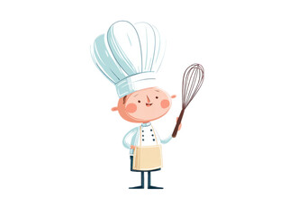 Naklejka premium Cute cartoon chef character wearing a traditional white chef's hat and coat, holding a whisk, smiling, animated style, playful design