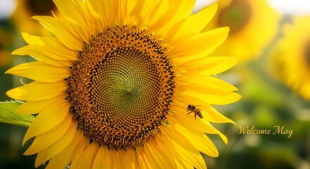 Obraz premium Bright yellow sunflower with bee in spring garden welcome sign