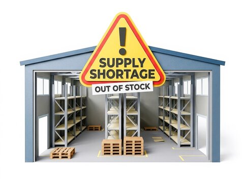 Warehouse interior displays empty shelves and prominent sign indicating supply shortage. This scene captures energy of crisis in inventory management, highlighting urgency of restocking
